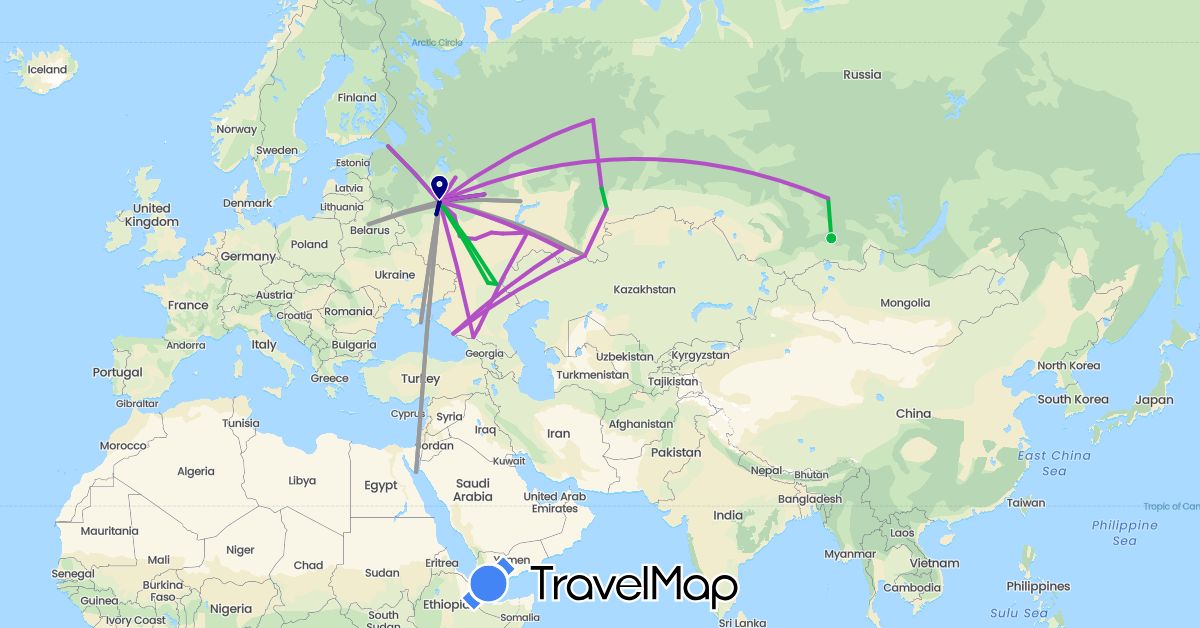 TravelMap itinerary: driving, bus, plane, train in Belarus, Egypt, Russia, Ukraine (Africa, Europe)